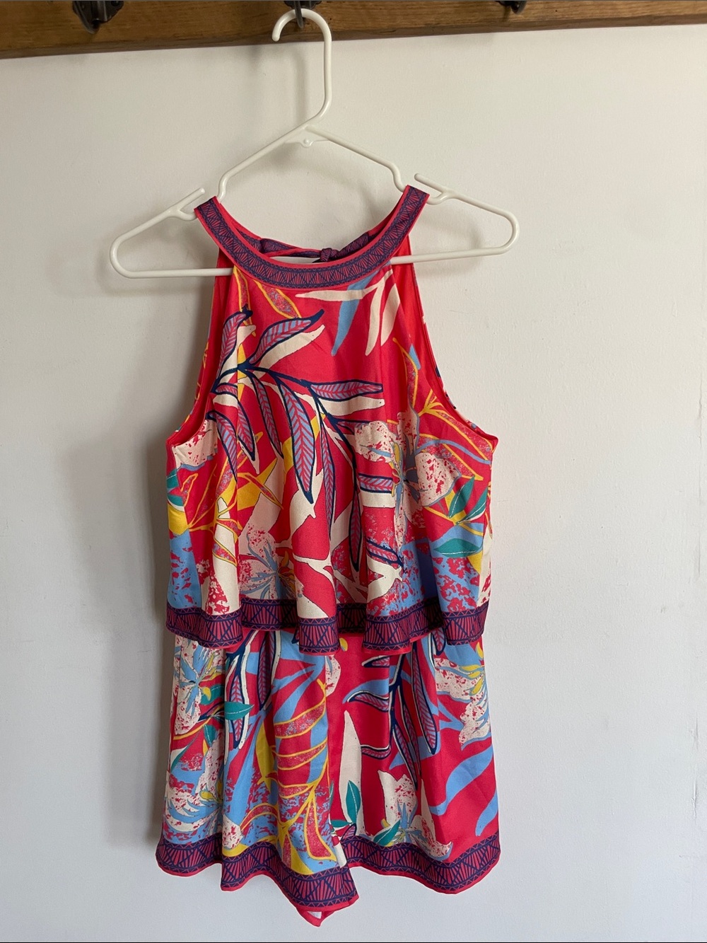 Flying Tomato Coral Romper with Navy & Multicolor Trim